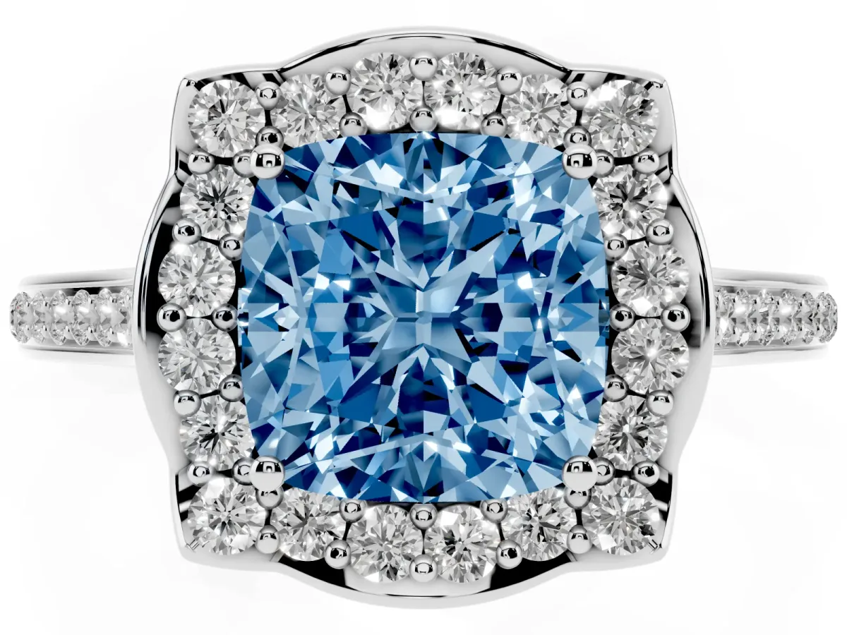 Fancy Blue Cushion Cut Halo Round Diamond Pave Band with Four-Prong Setting Platinum