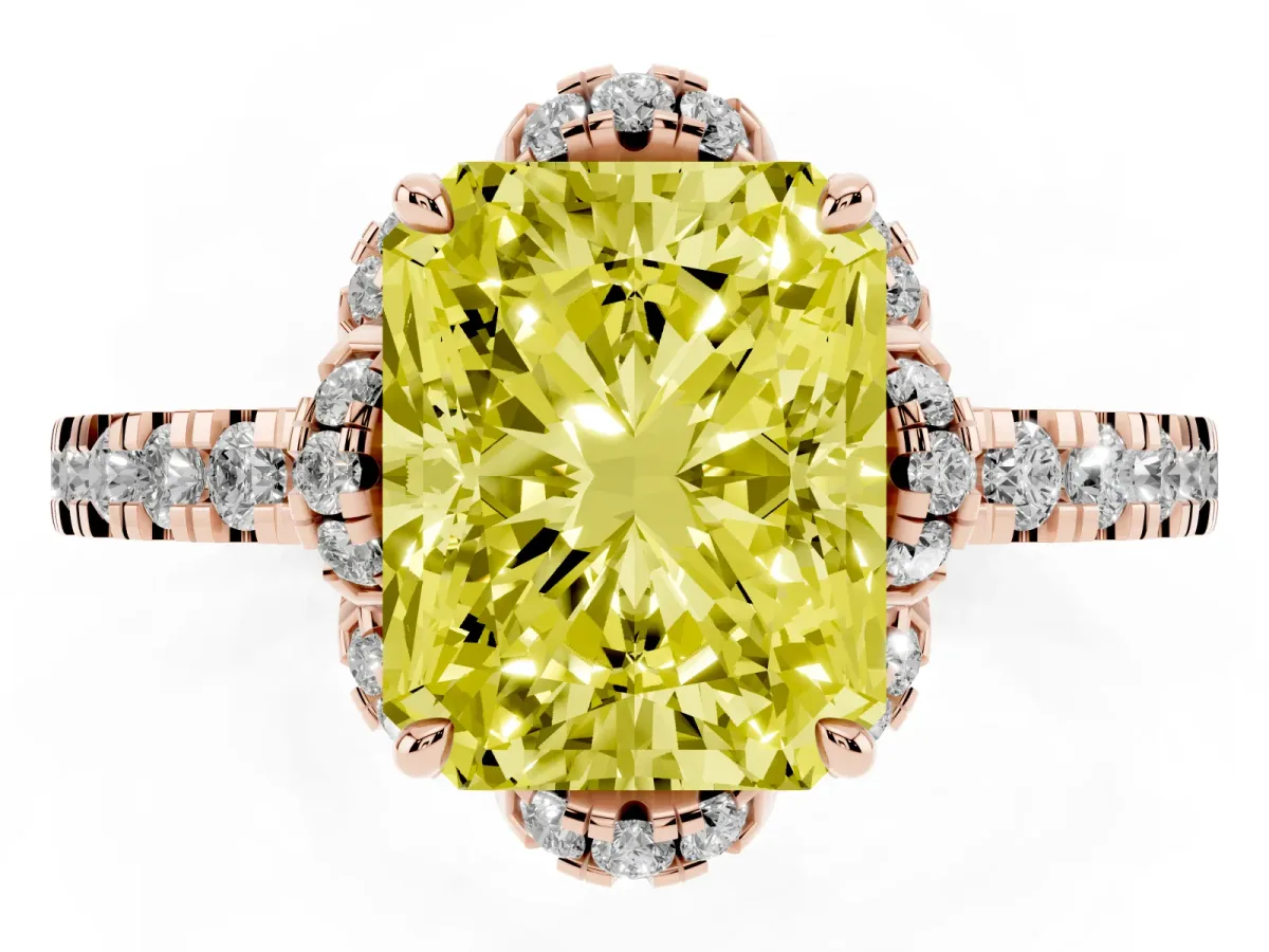 Fancy Yellow Radiant Cut Halo Diamond Pave Band Ring with Four-Prong Setting Rose gold