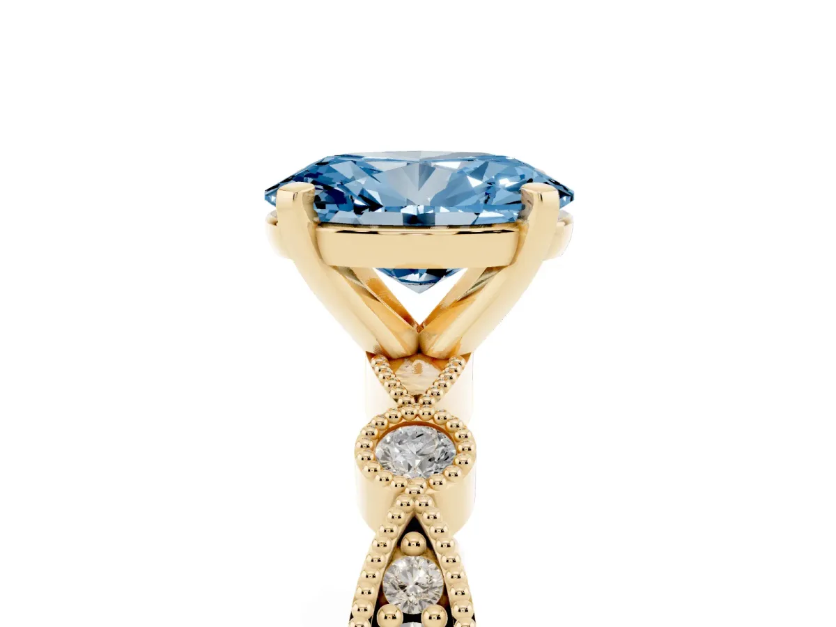 Fancy Blue Oval Cut Milgrain Bezel Diamond Engagement Ring with Solitaire Prong Setting Yellow gold