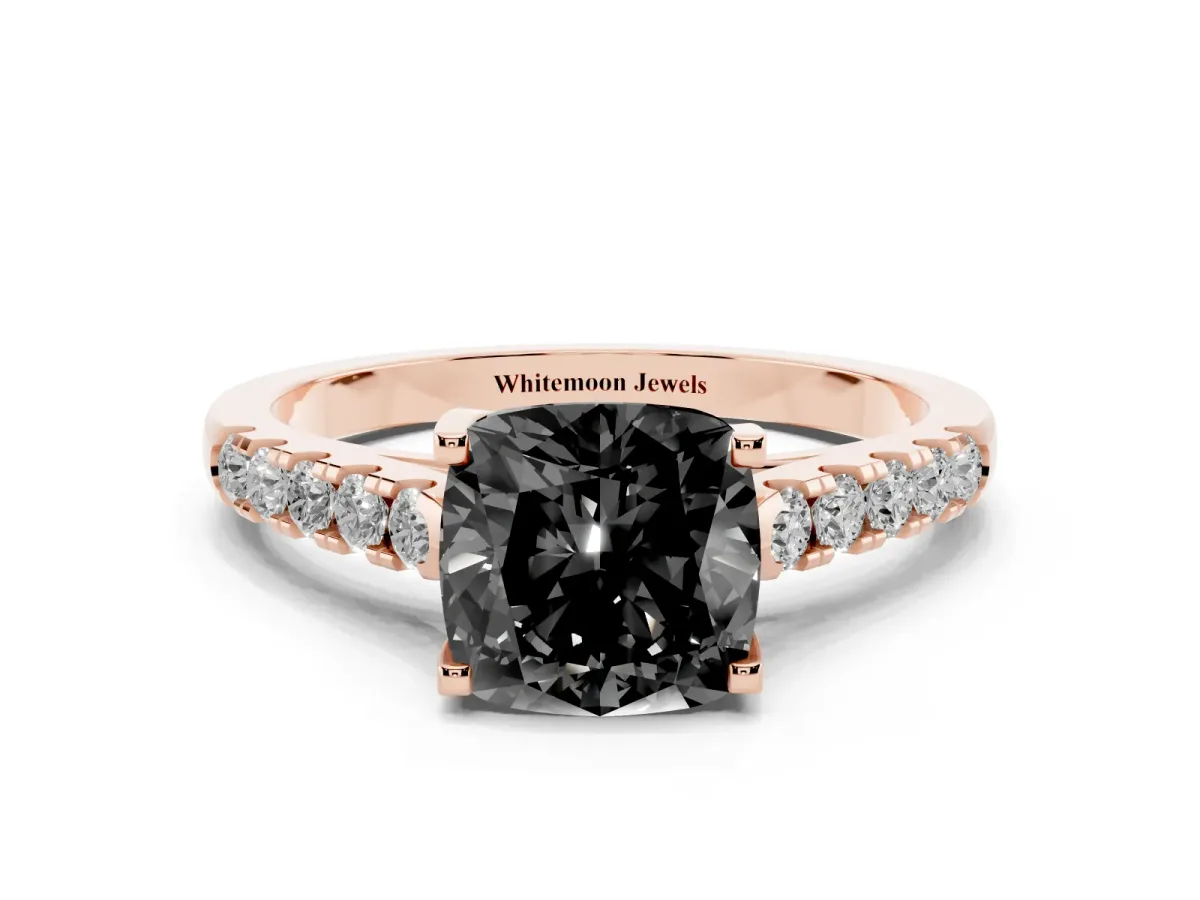 Fancy Black Cushion Cut Diamond Pavé Band Solitaire Ring with Prong Setting Rose gold