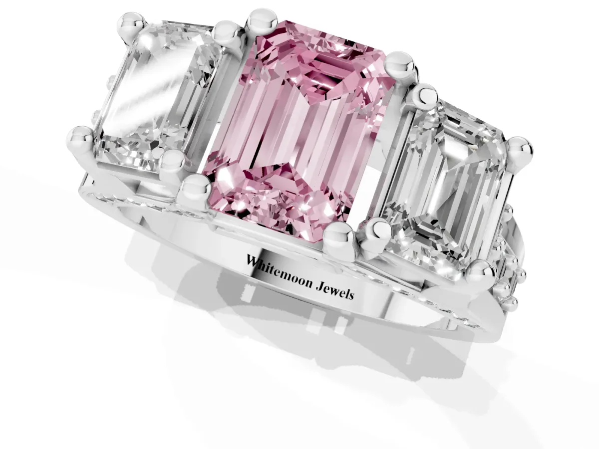 Fancy Pink Emerald Cut Diamond Three-Stone Ring with Channel Set Band and Four-Prong Setting Silver