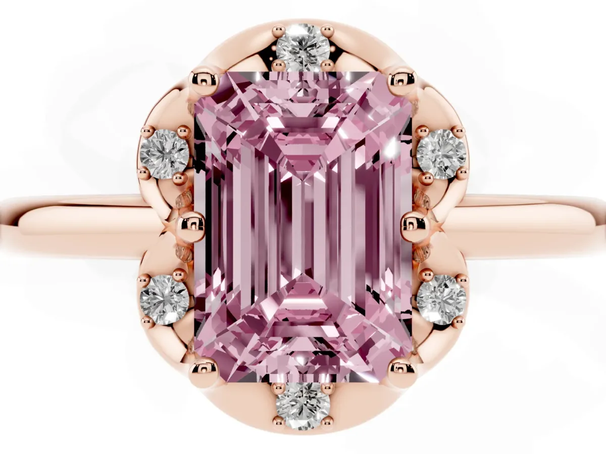 Fancy Pink Emerald Cut Halo Diamond Ring with Round Cluster Setting, Solitaire Band, and Four-Prong Setting Rose gold