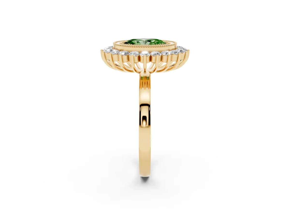 Fancy Green Oval Cut Halo Diamond Ring with Milgrain Edge and Round Prong Setting Yellow gold