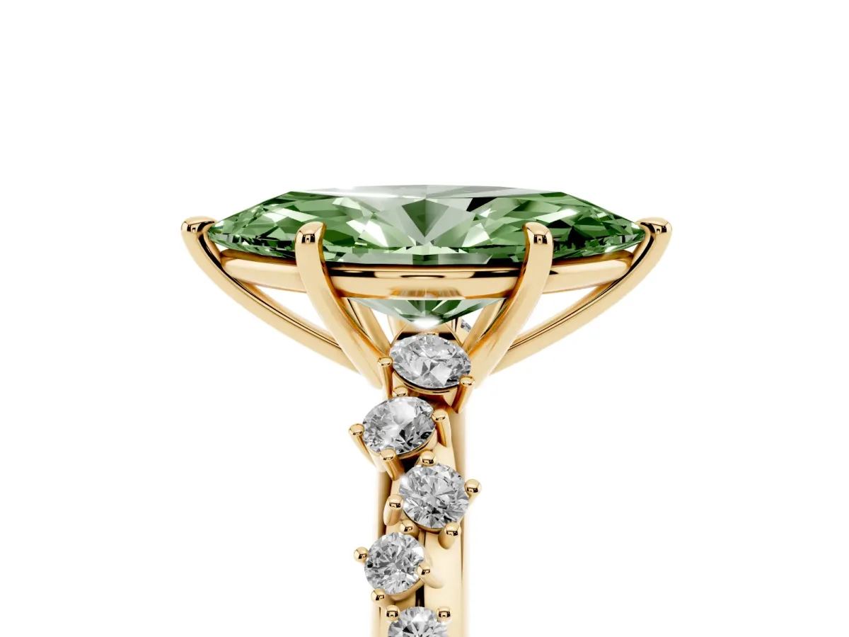 Fancy Green Marquise Cut Diamond Cluster Side Stone Solitaire Ring with Prong Setting Yellow gold