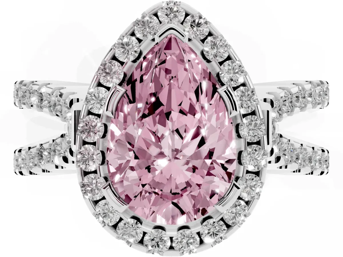 Fancy Pink Pear Cut Diamond Halo Ring with Split Shank Pavé Band and Prong Setting Silver