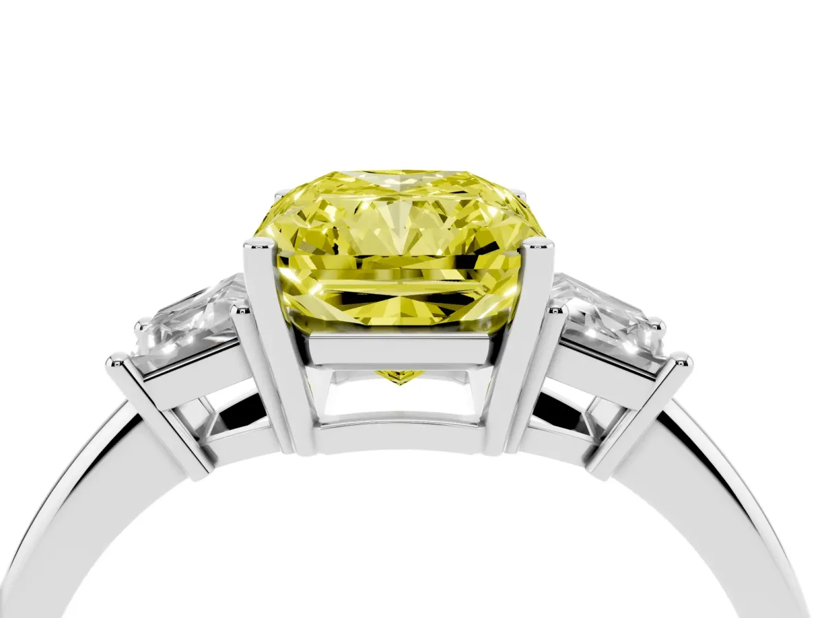 Fancy Yellow Radiant Cut Diamond Three-Stone Ring with Trapezoid Side Stones and Prong Setting Silver