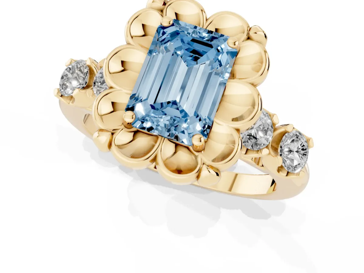 Fancy Blue Emerald Cut Cut Diamond Floral Halo Engagement Ring with Shared Prong Setting Yellow gold