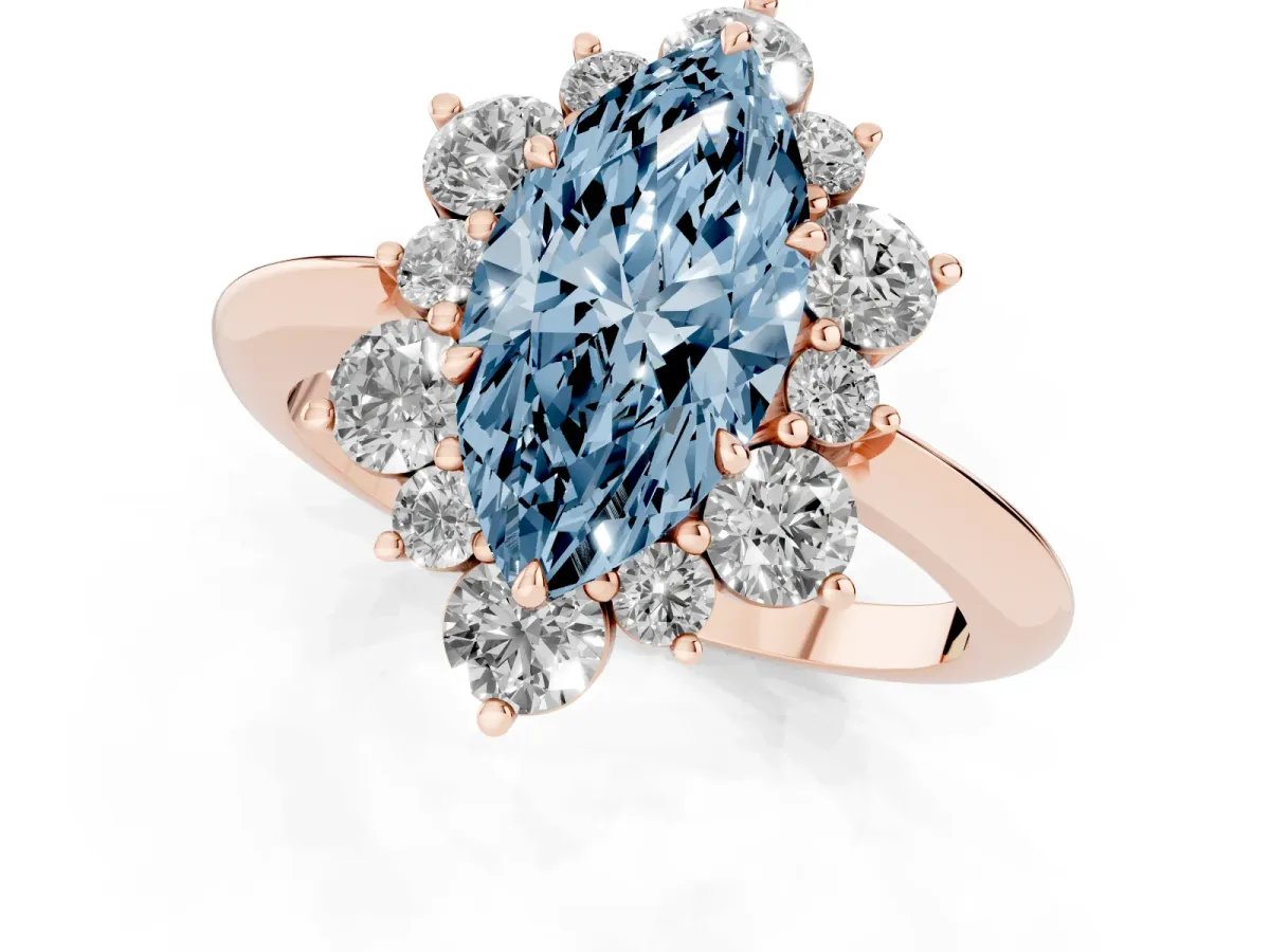Fancy Blue Marquise Cut Diamond Cluster Halo Ring with Solitaire Band and Four-Prong Setting Rose gold
