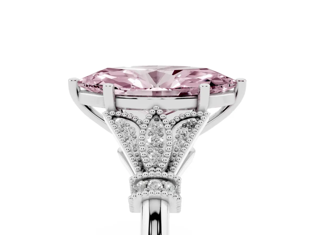 Fancy Pink Marquise Cut Diamond Solitaire Ring with Floral Filigree and Pave Accents Platinum