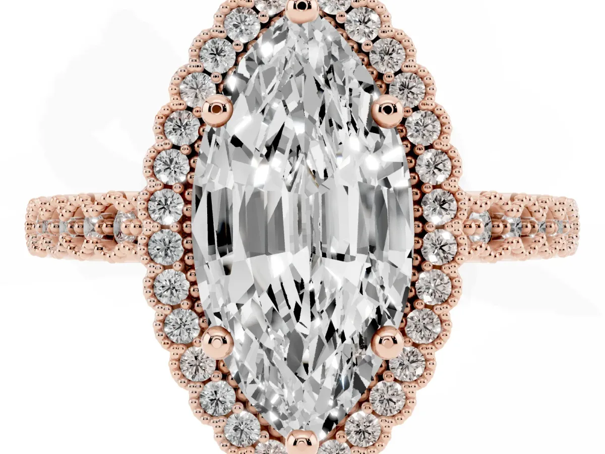 Marquise Cut Cut Halo Pavé Solitaire Ring with Milgrain Band Rose gold