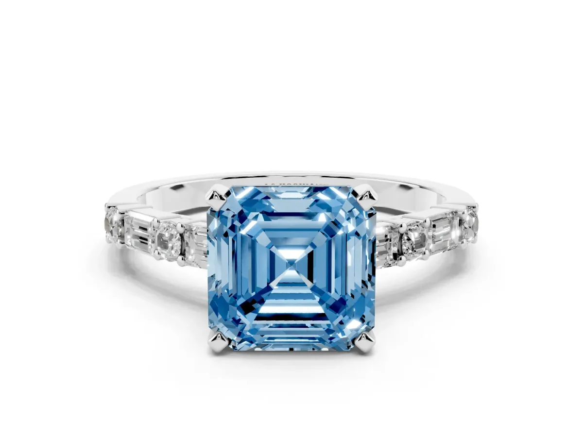 Fancy Blue Asscher Cut Diamond Solitaire with Side Baguettes and Channel Set Band Silver