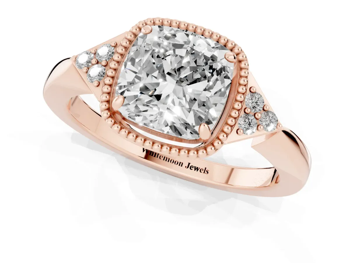 Hexagonal Halo Cushion Cut Diamond Solitaire with Pavé Band and Four-Prong Setting Rose gold