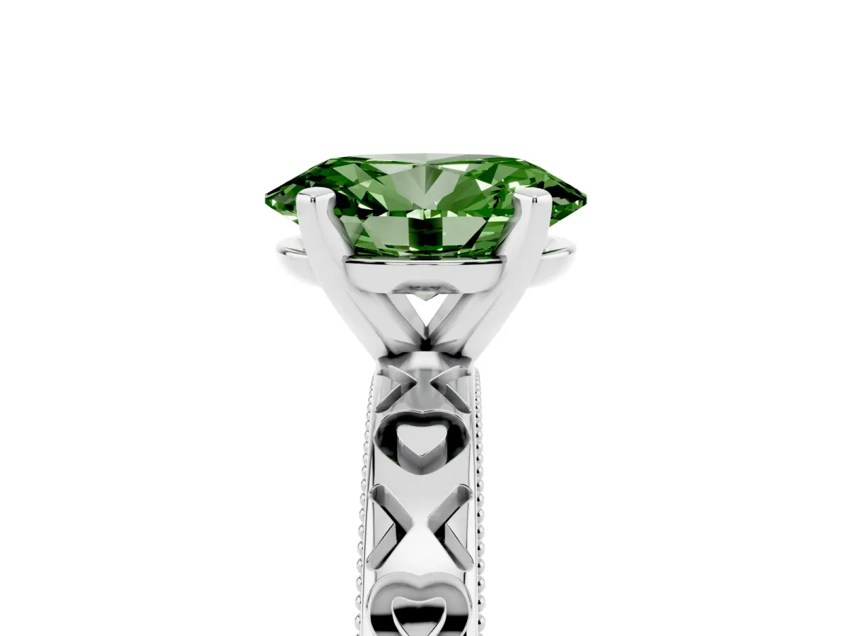 Fancy Green Oval Cut Solitaire Diamond Engagement Ring with XO Engraved Band and Four-Prong Setting Silver
