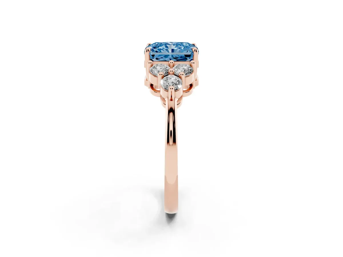 Fancy Blue Radiant Cut Brilliant Diamond Cluster Accent Solitaire Ring with Prong Setting Rose gold