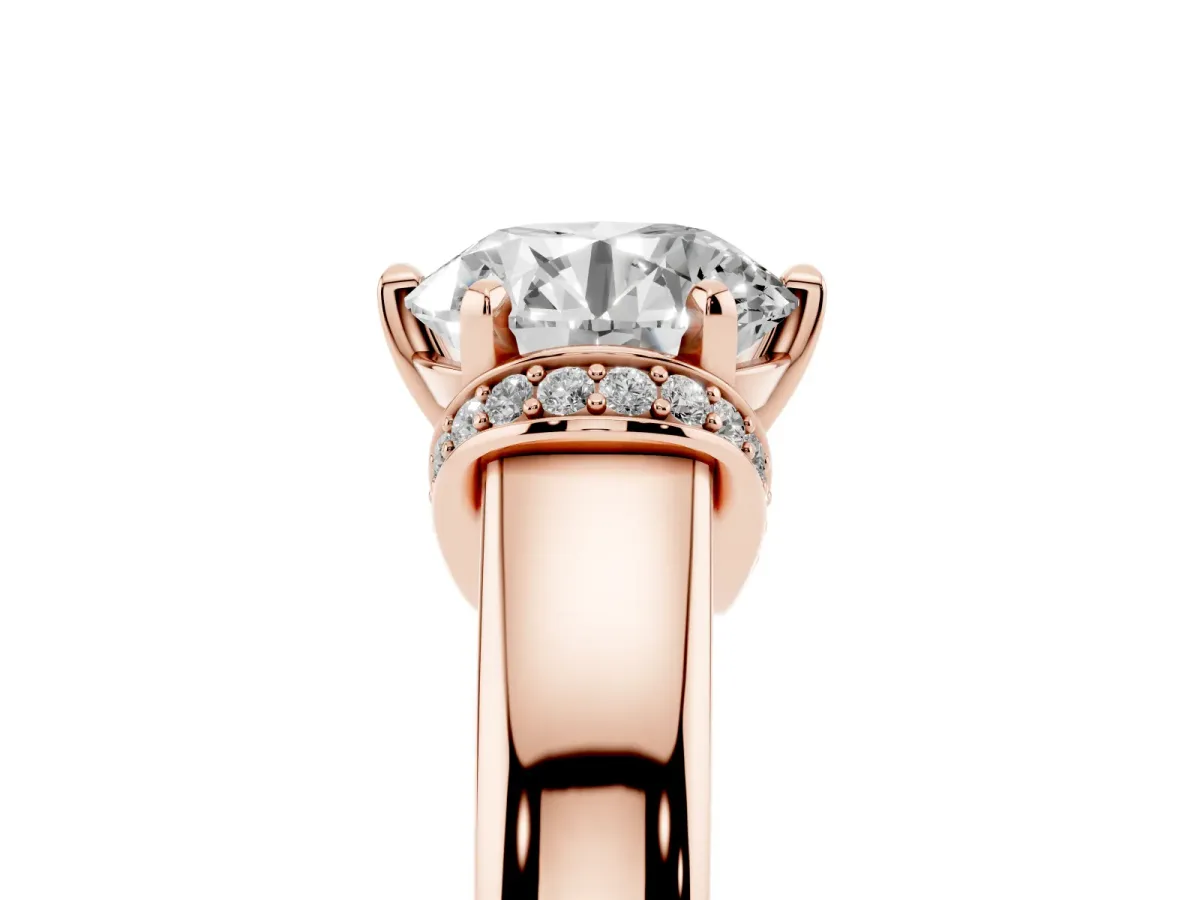 Round Cut Solitaire Diamond Ring with Pave Band and Six-Prong Setting Rose gold