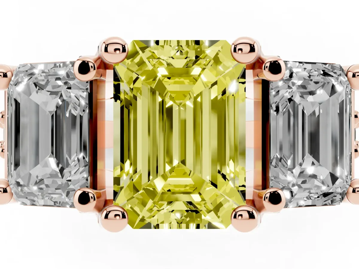 Fancy Yellow Emerald Cut Diamond Three-Stone Ring with Channel Set Band and Four-Prong Setting Rose gold