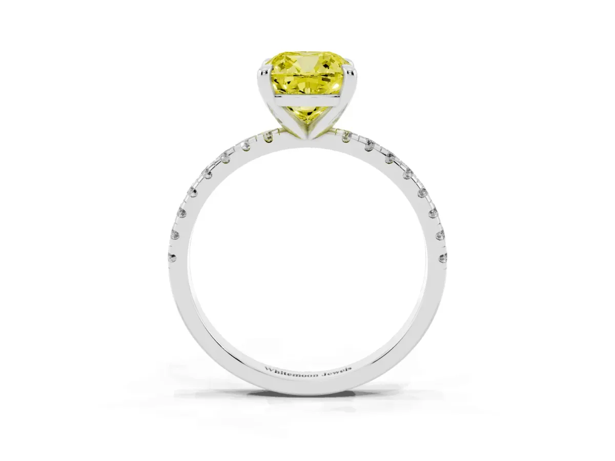 Fancy Yellow Cushion Cut Diamond Brilliant Solitaire Ring with Pavé Band and Four-Prong Setting Platinum