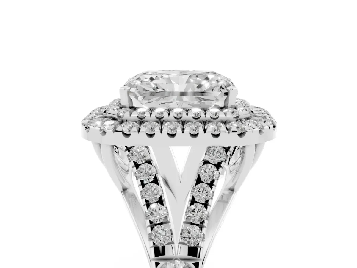 Radiant Cut Diamond Double Halo Ring with Split Shank and Prong Setting Platinum