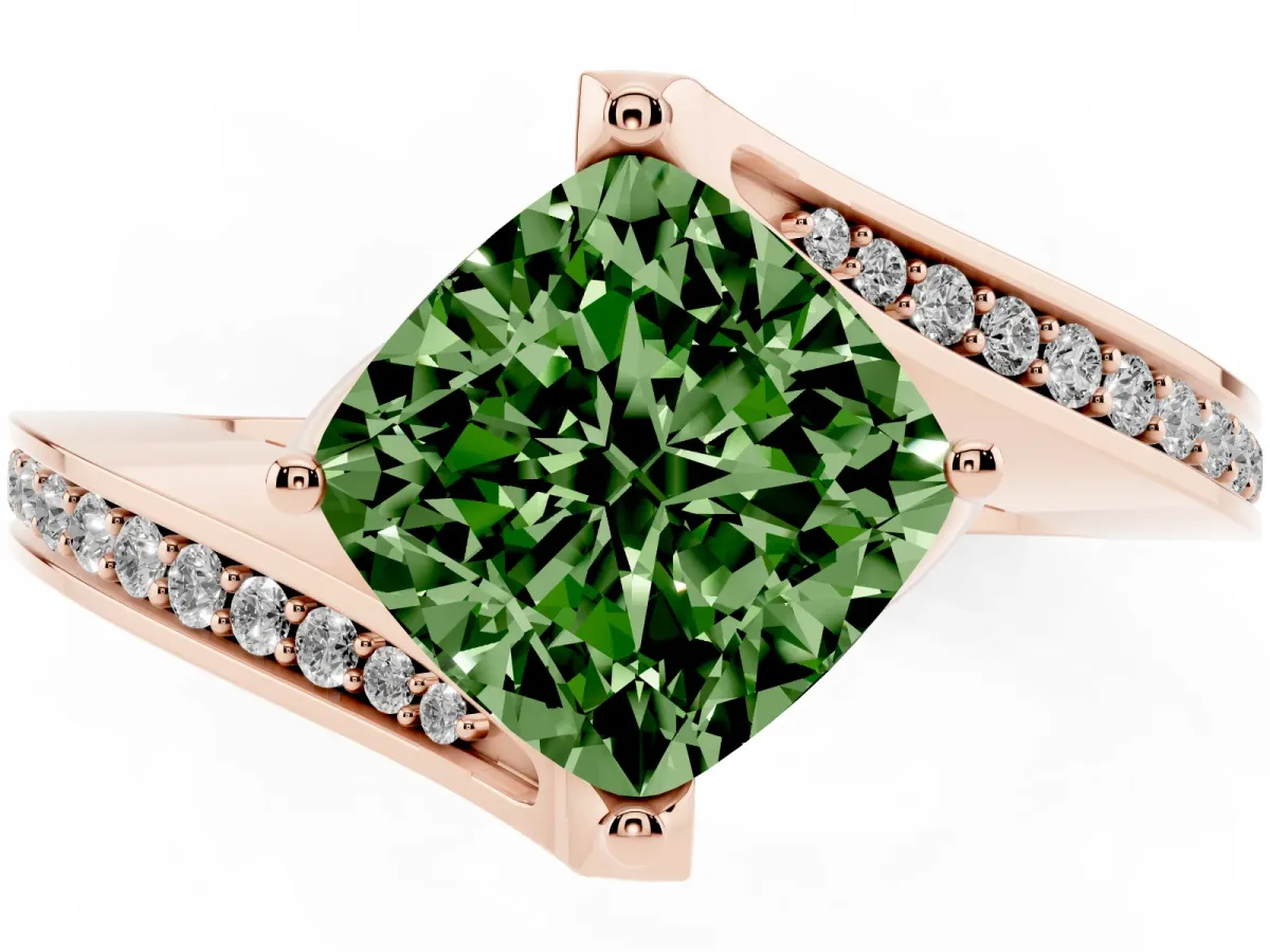 Fancy Green Cushion Cut Solitaire Diamond Twist Band with Pavé Setting and Four-Prong Setting Rose gold