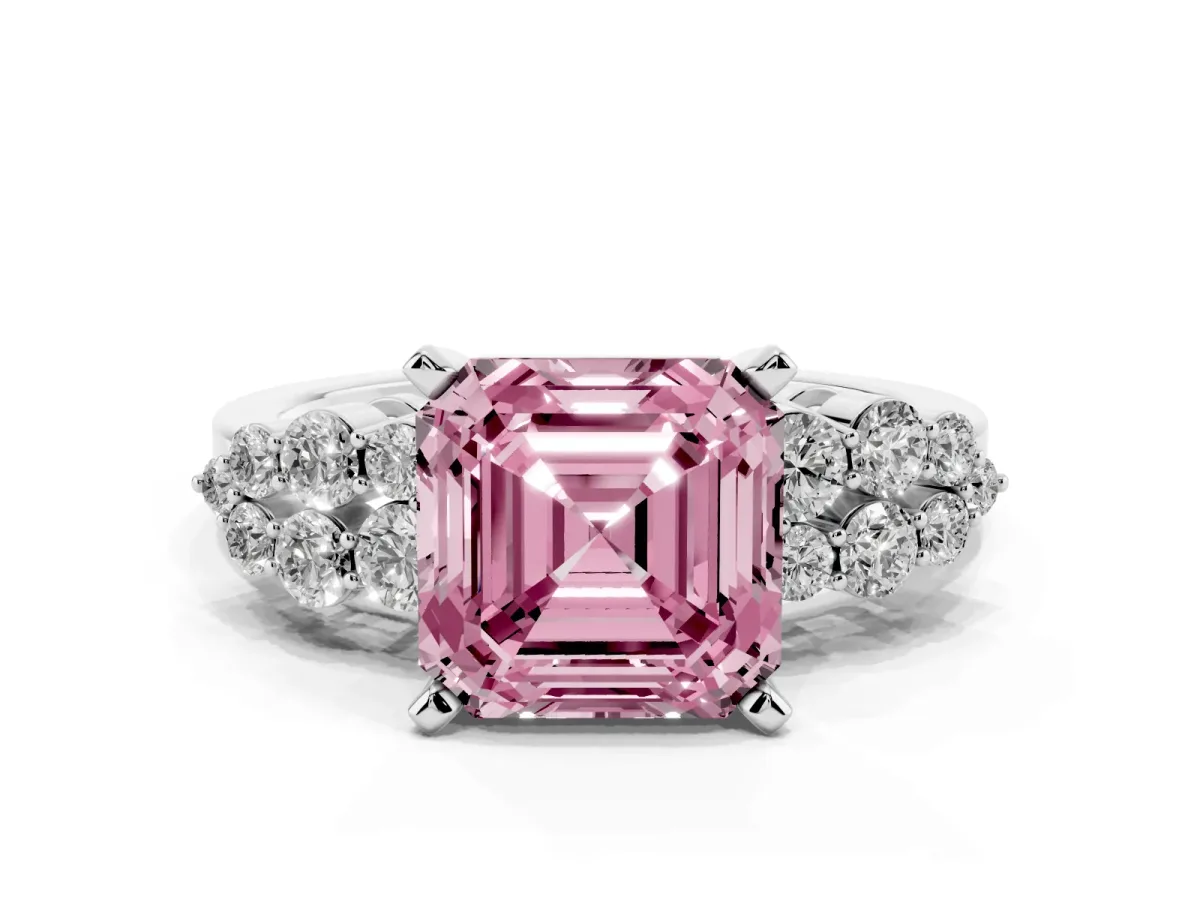 Fancy Pink Asscher Cut Cluster Diamond Engagement Ring with Pavé Band and Four-Prong Setting Silver