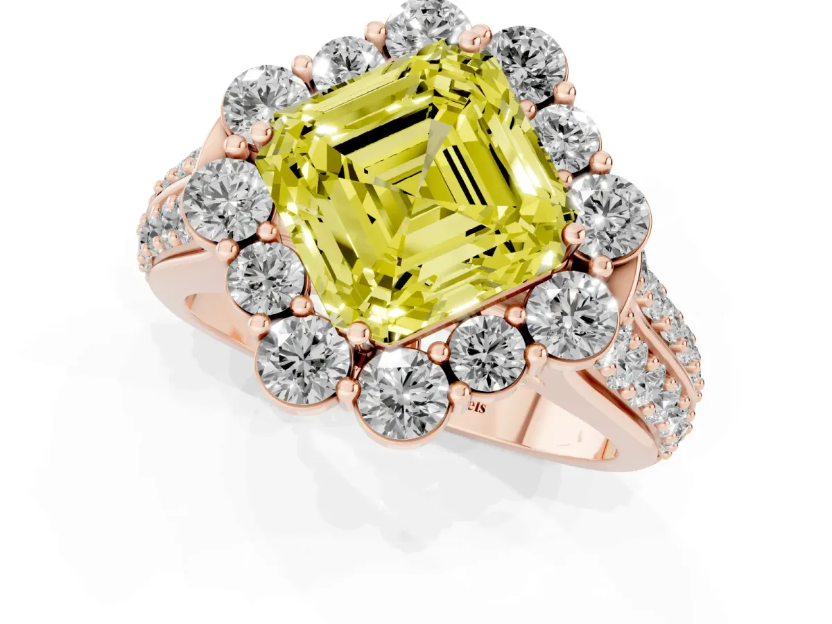 Fancy Yellow Asscher Cut Halo Diamond Engagement Ring with Split Shank and Prong Setting Rose gold