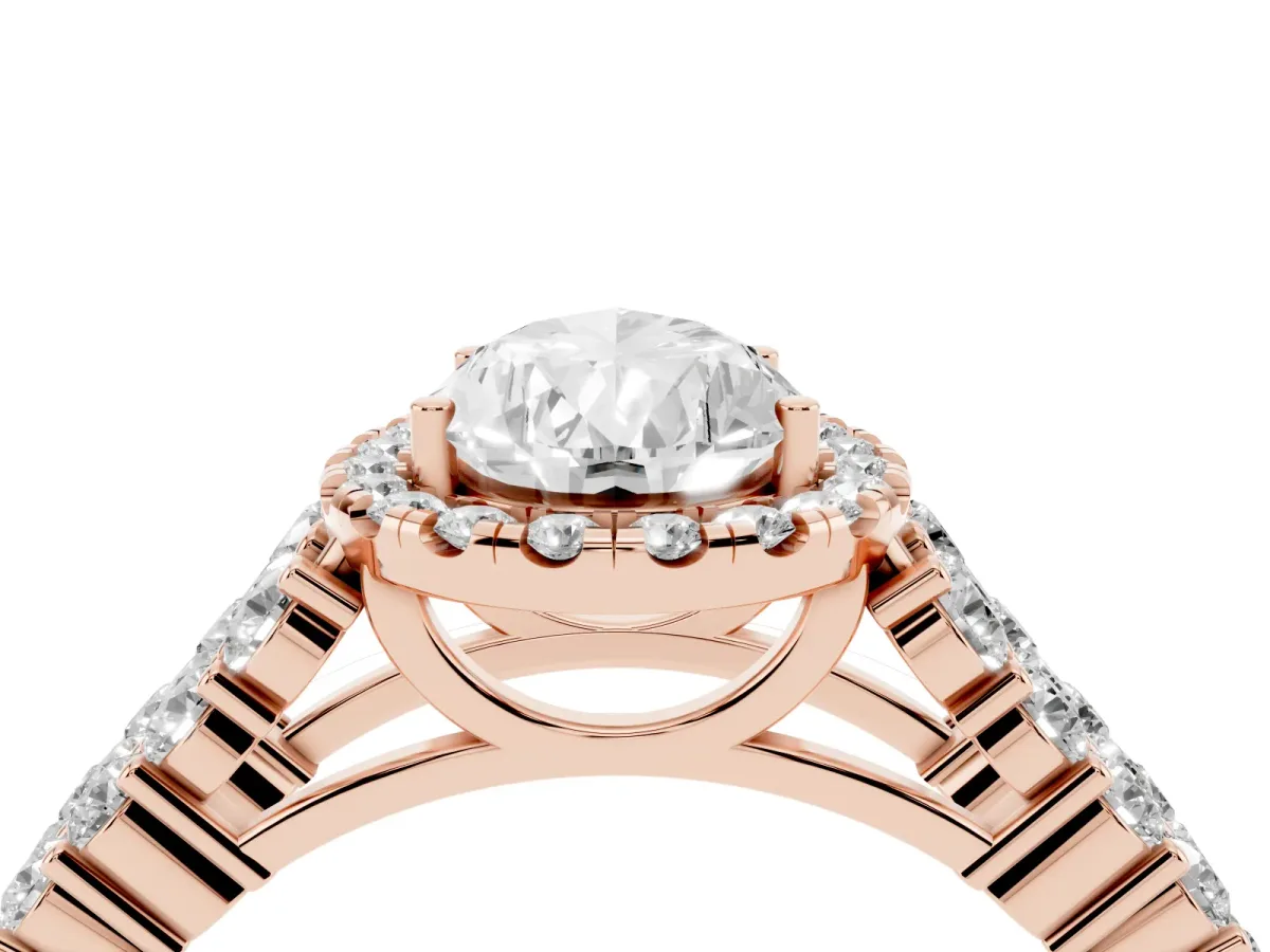 Pear Cut Diamond Halo Engagement Ring with Triple Row Round Pavé Band and Prong Setting Rose gold