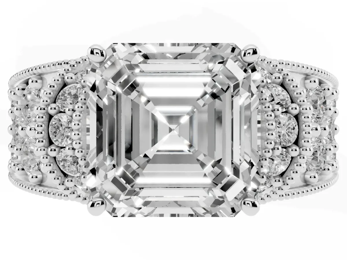 Asscher Cut Halo Pave Diamond Engagement Ring with Milgrain Detailing Silver