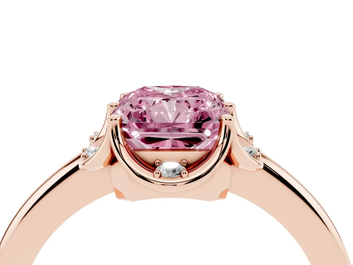 Fancy Pink Radiant Cut Halo Diamond Ring with Round Cluster Setting, Solitaire Band, and Four-Prong Setting Rose gold