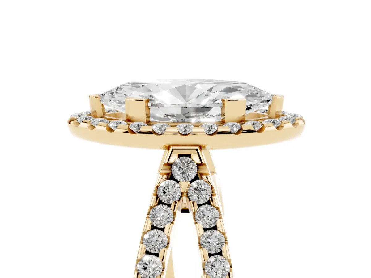 Marquise Cut Diamond Halo Ring with Split Shank Pavé Band and Prong Setting Yellow gold