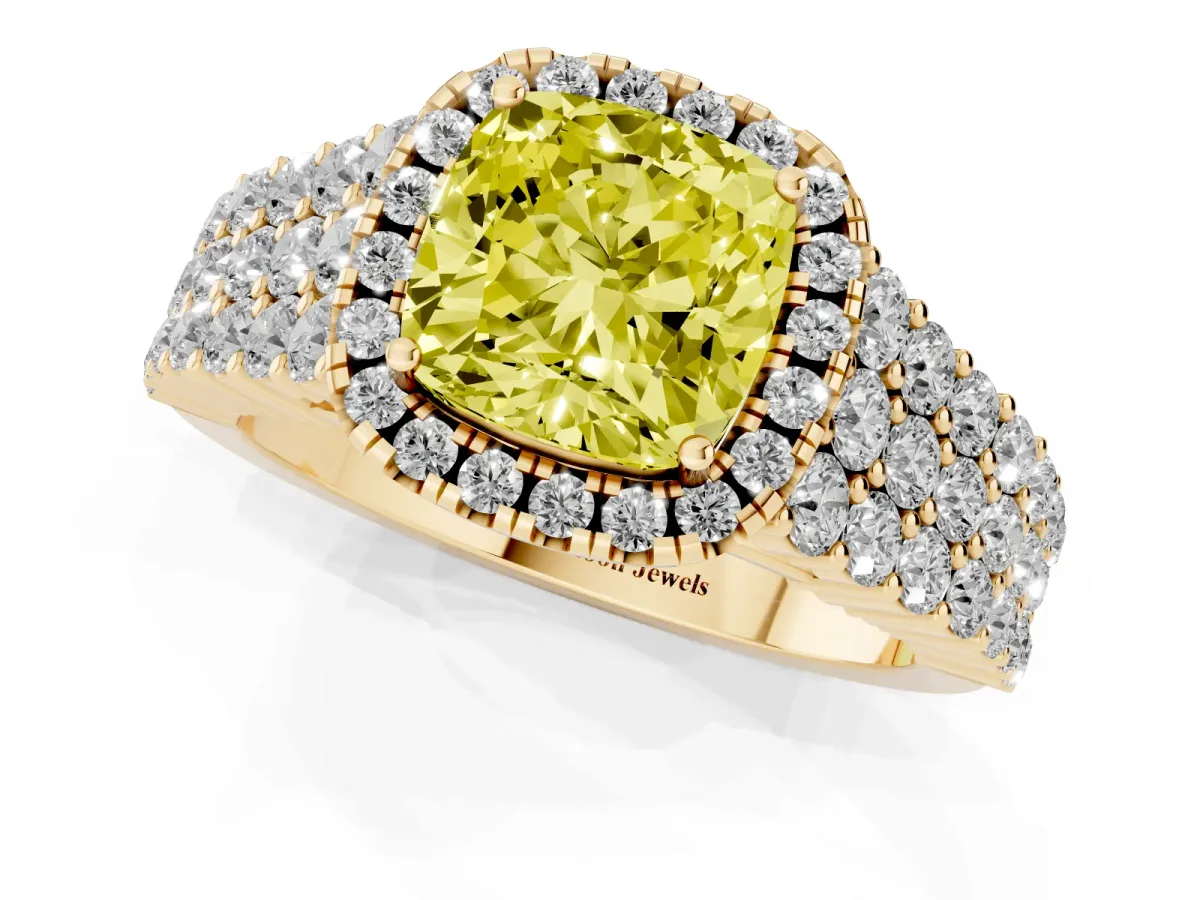 Fancy Yellow Cushion Cut Diamond Halo Engagement Ring with Triple Row Round Pavé Band and Prong Setting Yellow gold