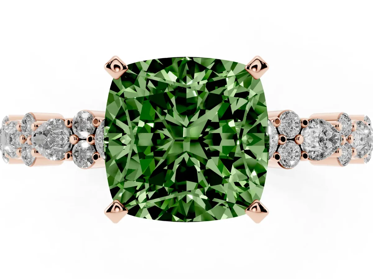 Fancy Green Cushion Cut Diamond Side Stone Solitaire Ring with Round and Four-Prong Setting Rose gold
