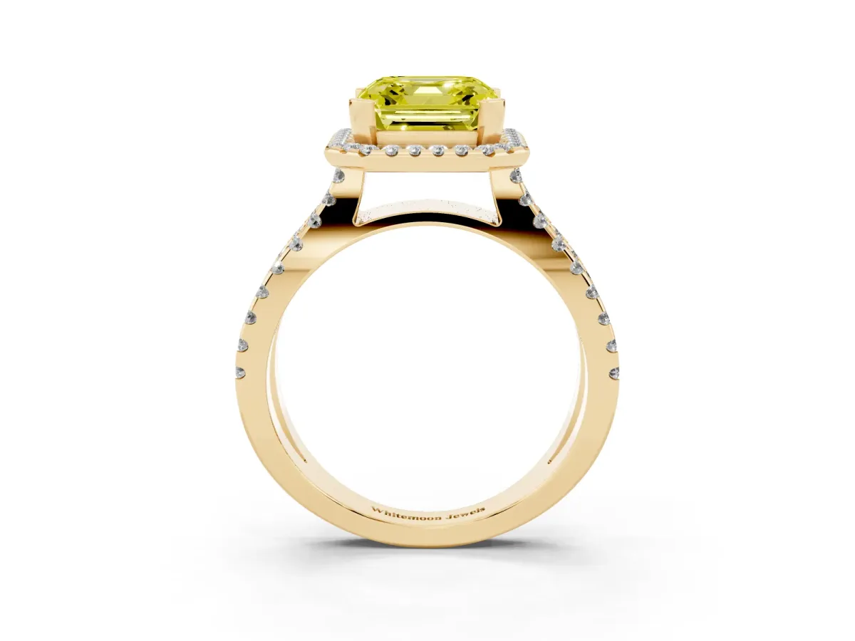 Fancy Yellow Asscher Cut Diamond Halo Ring with Split Shank Pavé Band and Prong Setting Yellow gold