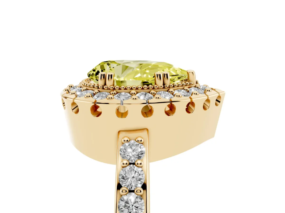 Fancy Yellow Pear Cut Diamond Halo Ring with Pavé Band and Prong Setting Yellow gold