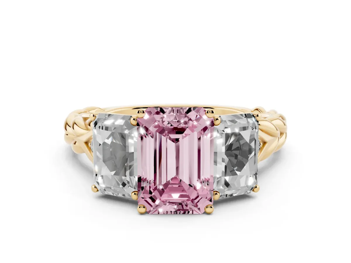 Fancy Pink Three-Stone Emerald Cut Diamond Braided Band Ring with Four-Prong Setting Yellow gold
