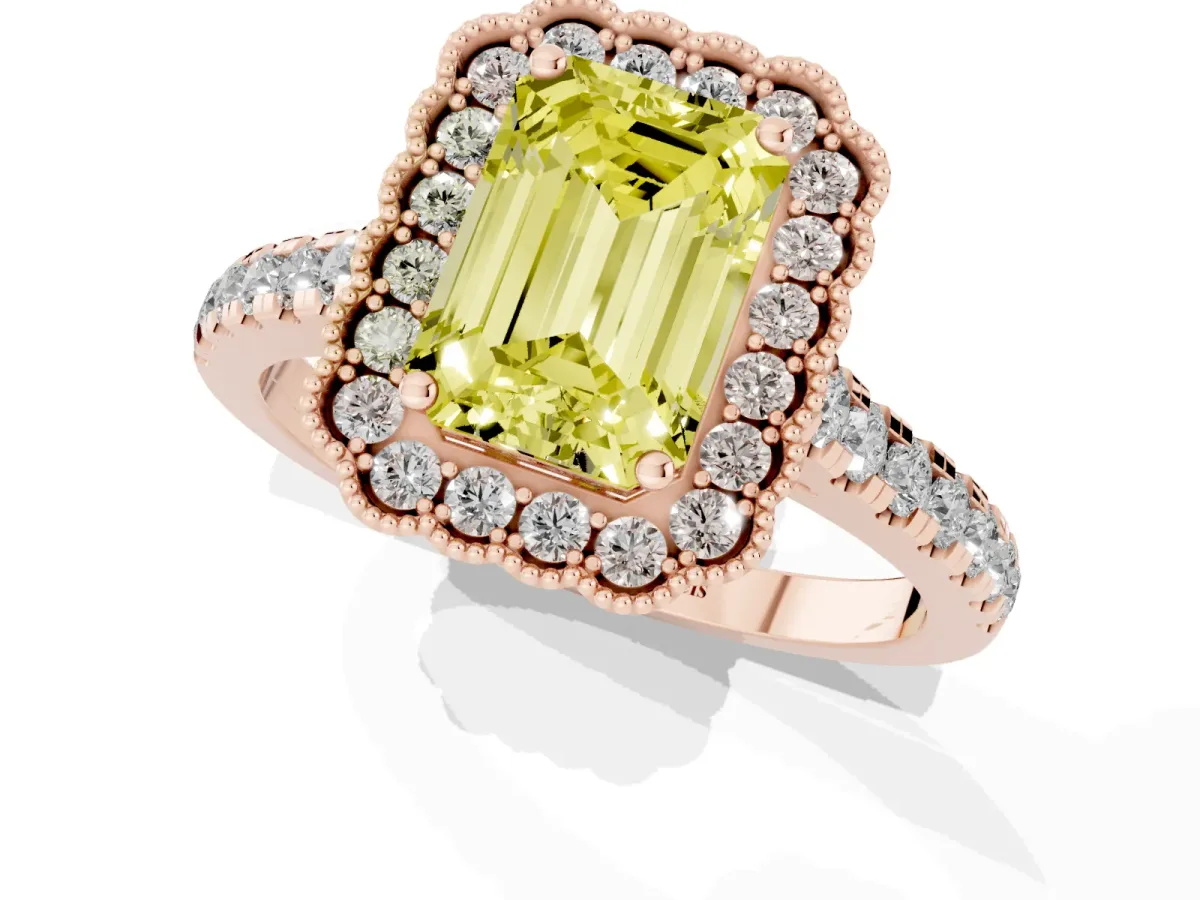 Fancy Yellow Emerald Cut Cut Diamond Milgrain Floral Halo Engagement Ring with Pavé Band Rose gold
