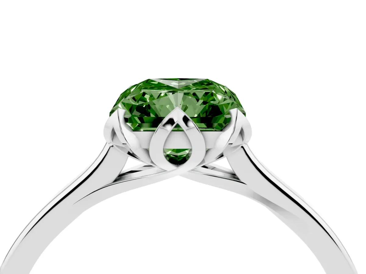 Fancy Green Radiant Cut Diamond Solitaire Ring with Flower Prong Setting and Classic Band Silver