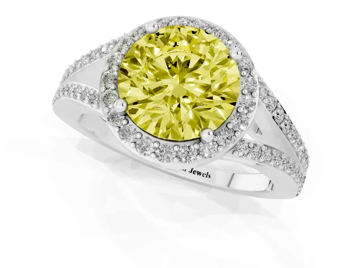 Fancy Yellow Round Cut Halo Split Shank Pave Diamond Ring with Four-Prong Setting Silver