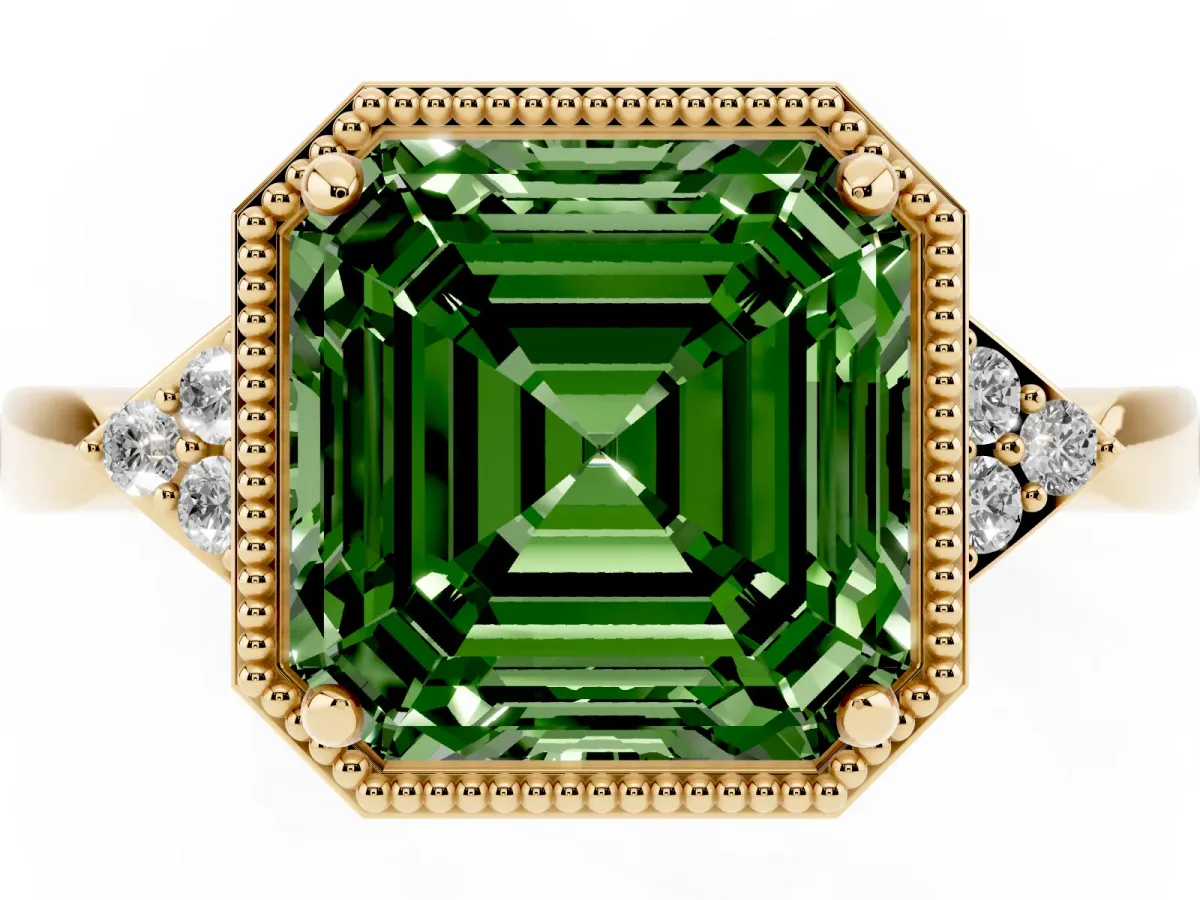 Fancy Green Hexagonal Halo Asscher Cut Diamond Solitaire with Pavé Band and Four-Prong Setting Yellow gold