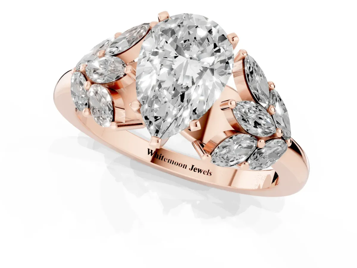 Pear Cut Diamond Cluster Leaf Design Ring with Prong Setting Rose gold