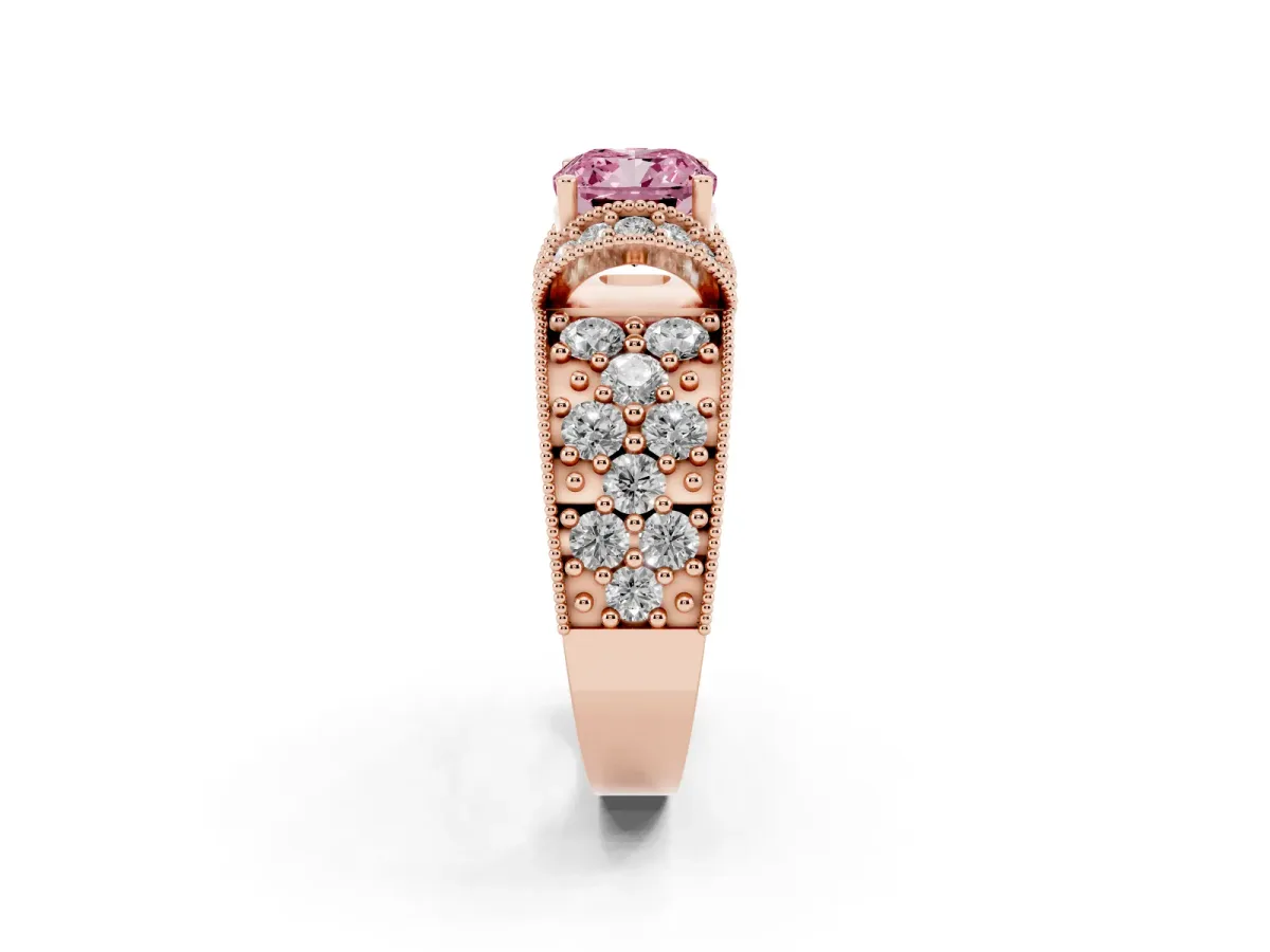 Fancy Pink Cushion Cut Halo Pave Diamond Engagement Ring with Milgrain Detailing Rose gold