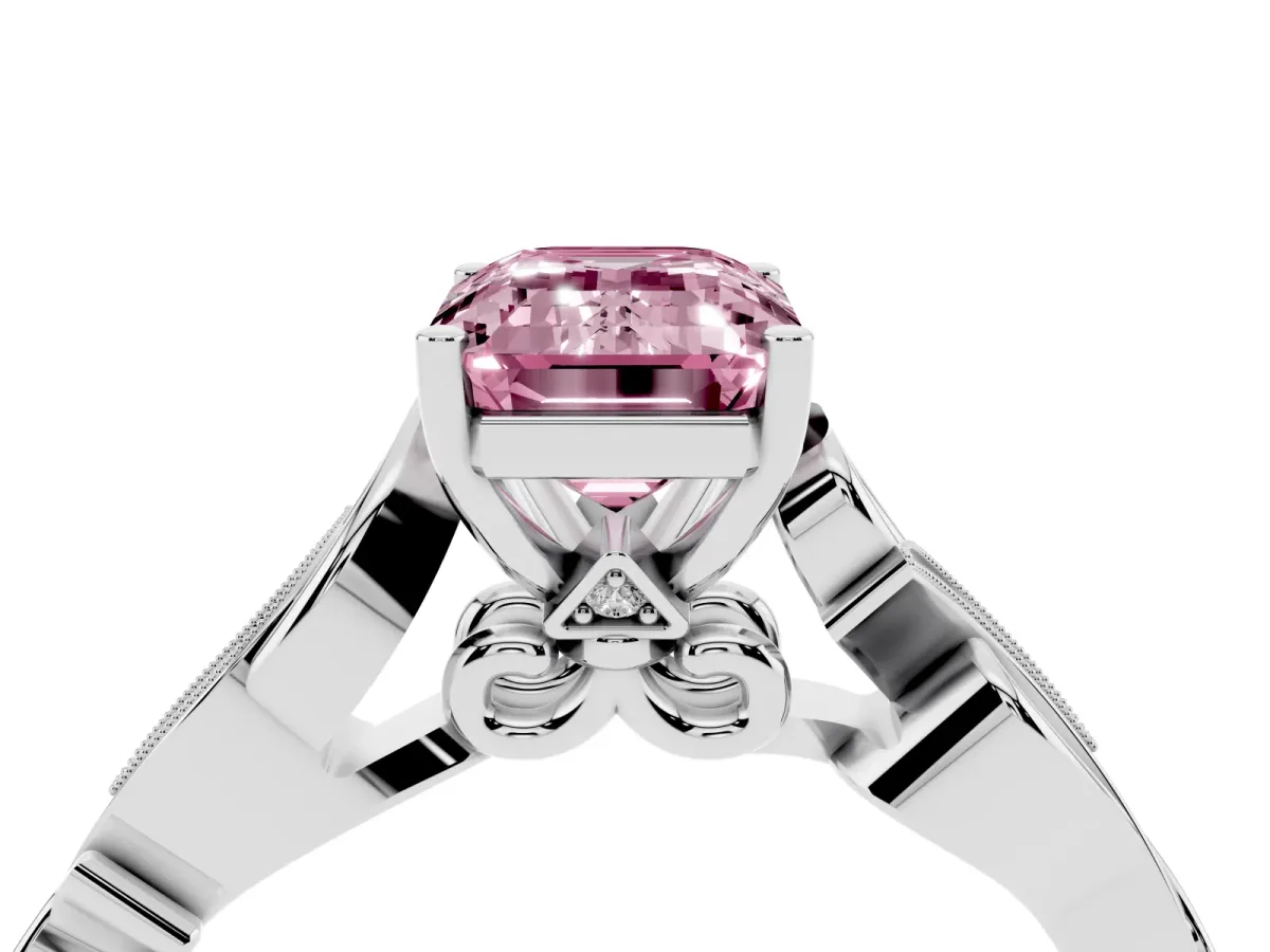 Fancy Pink Emerald Cut Solitaire Vine Band with Milgrain Prong Setting Silver
