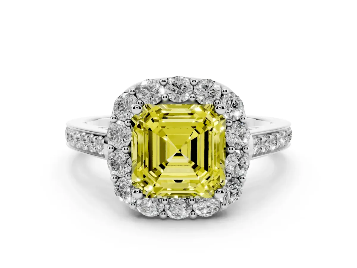 Fancy Yellow Asscher Cut Diamond Floral Halo Ring with Pavé Band and Prong Setting White gold