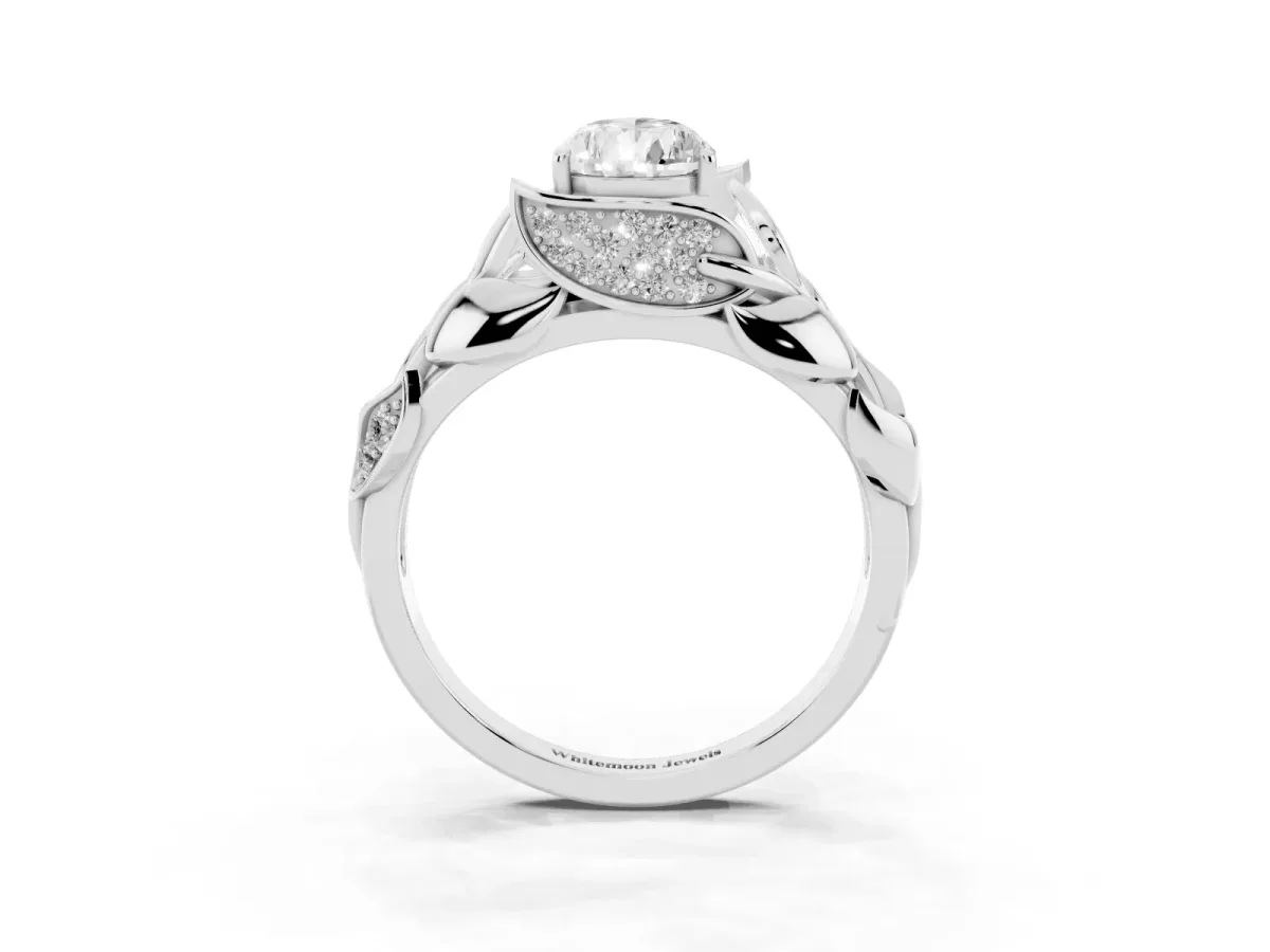 Pear Cut Diamond Leaf-Inspired Engagement Ring with Round Accents and Prong Setting Silver
