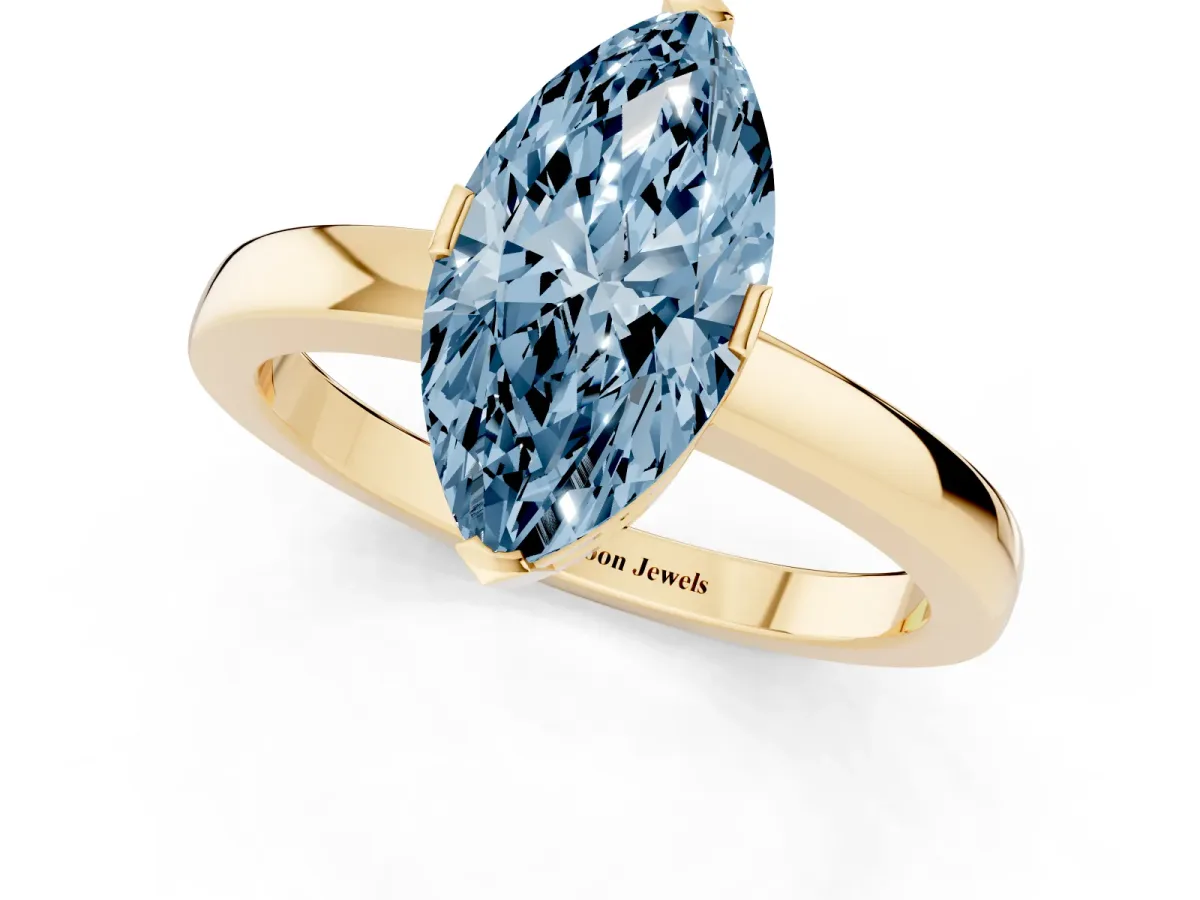 Fancy Blue Marquise Cut Cut Solitaire Ring with Four-Prong Setting and Classic Band Yellow gold