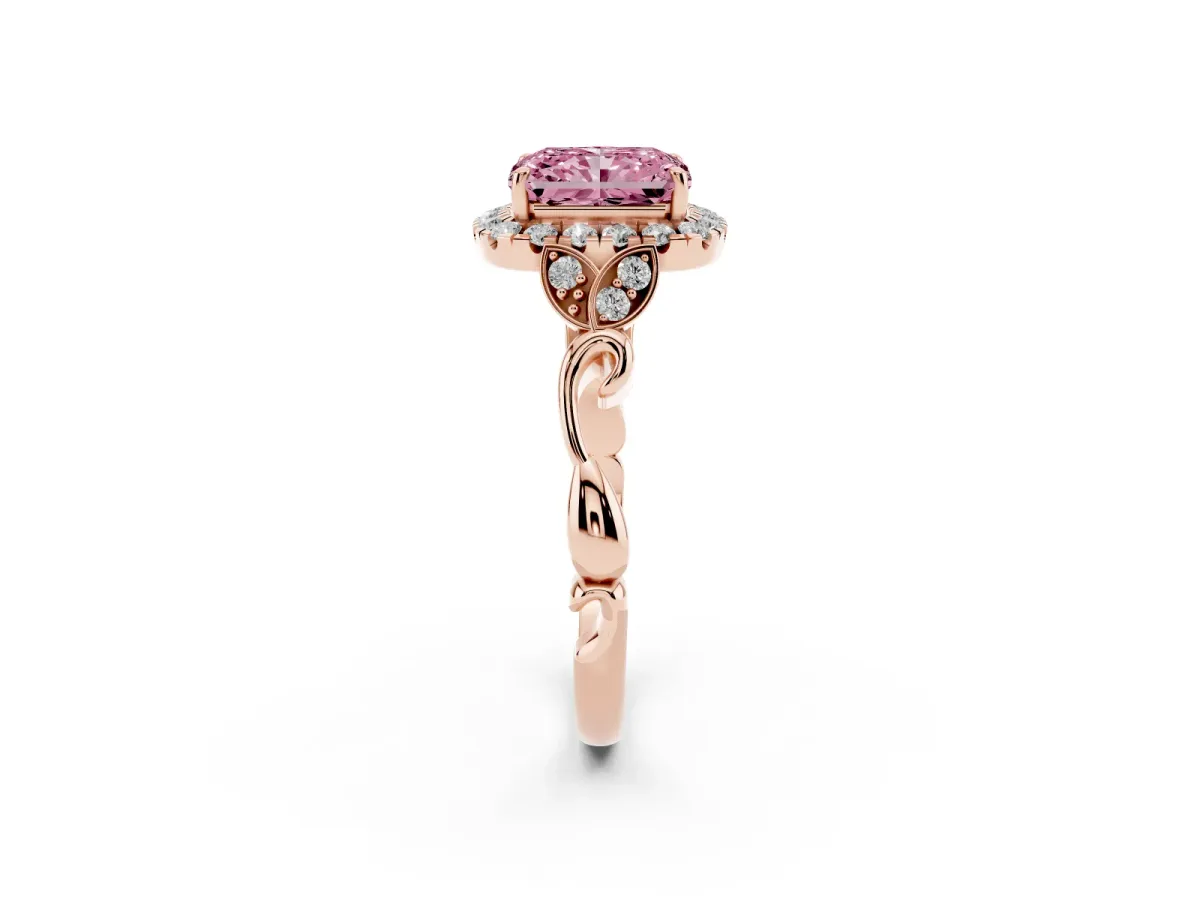 Fancy Pink Radiant Cut Halo Diamond Engagement Ring with Vintage-Inspired Band and Four-Prong Setting Rose gold