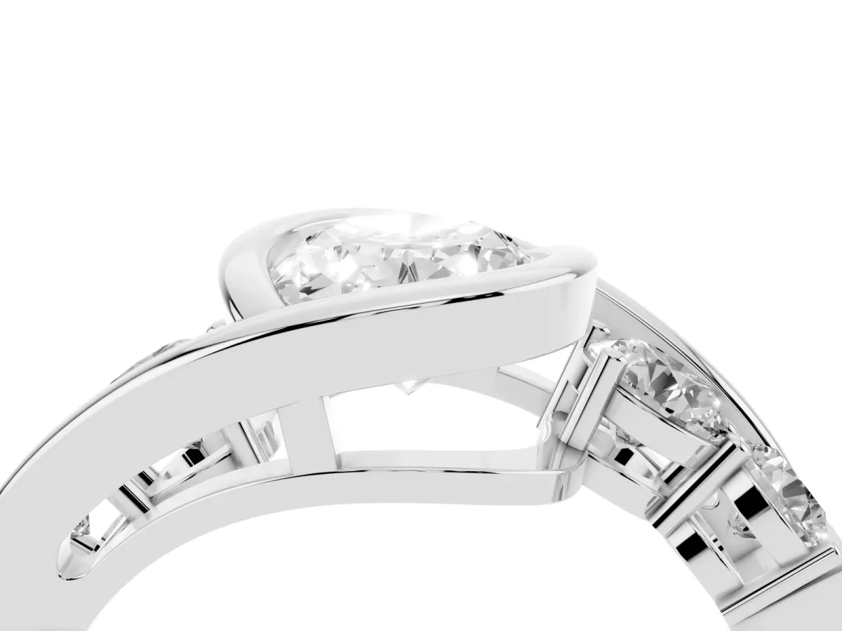 Bezel Set Oval Cut Diamond Bypass Ring with Round Accents Platinum