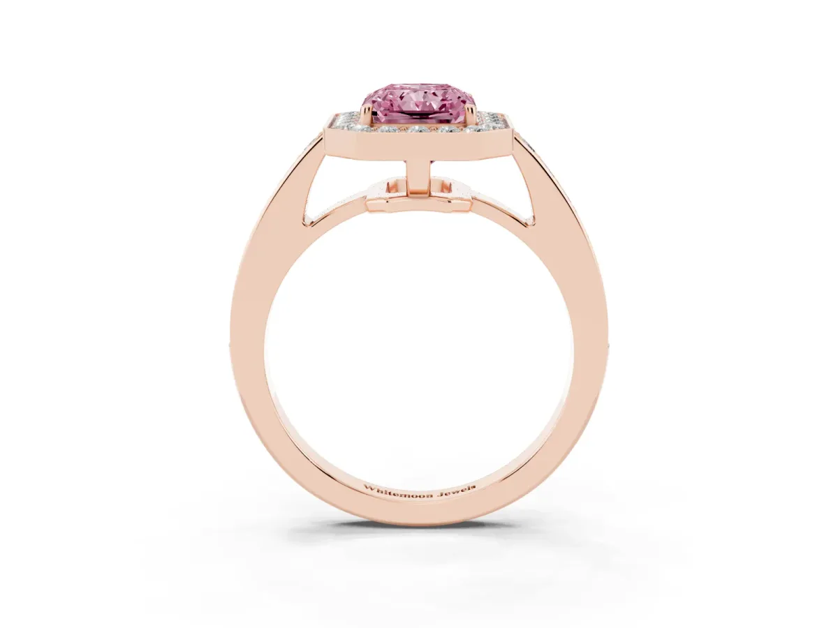 Fancy Pink Radiant Cut Halo Pavé Diamond Engagement Ring with Bezel Setting Rose gold