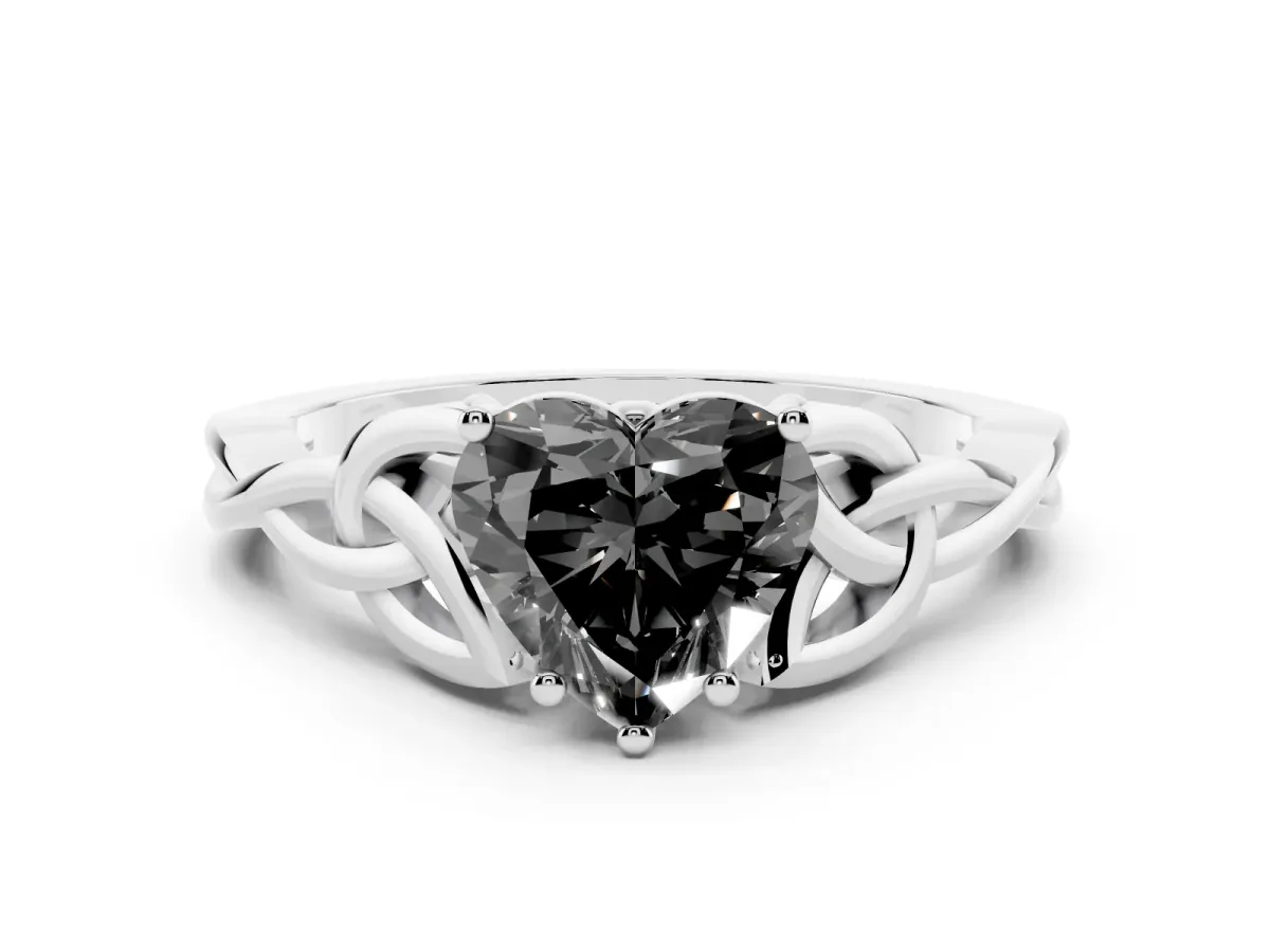 Fancy Black Heart Cut Diamond Solitaire Engagement Ring with Celtic Knot Band and Four-Prong Setting White gold