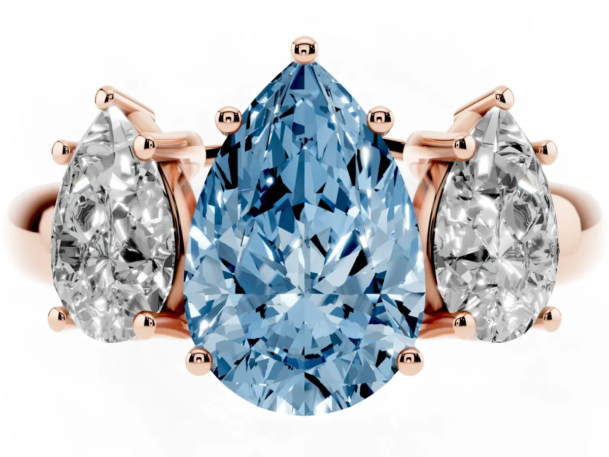 Fancy Blue Three-Stone Pear Cut Diamond Engagement Ring with Prong Setting Rose gold