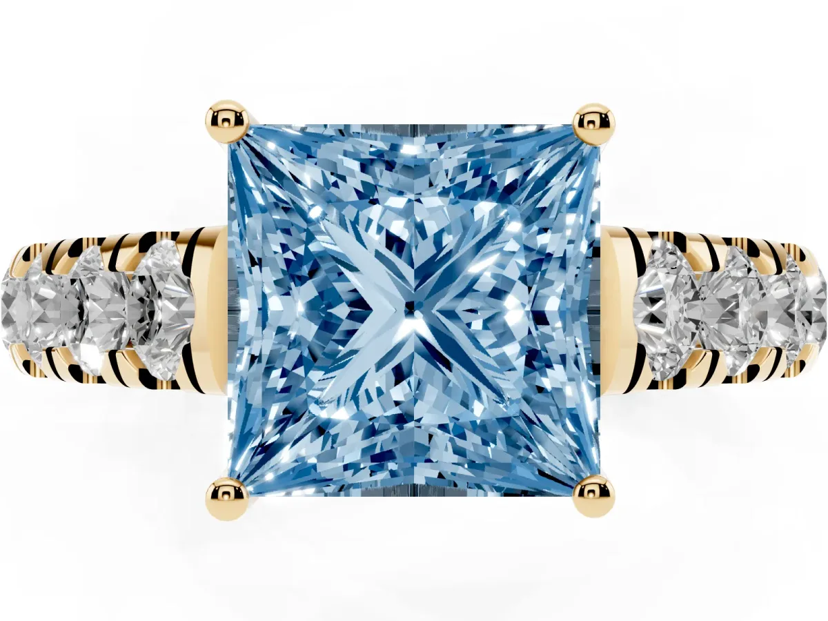 Fancy Blue Princess Cut Cut Diamond Solitaire Ring with Micro Pave Band and Prong Setting Yellow gold